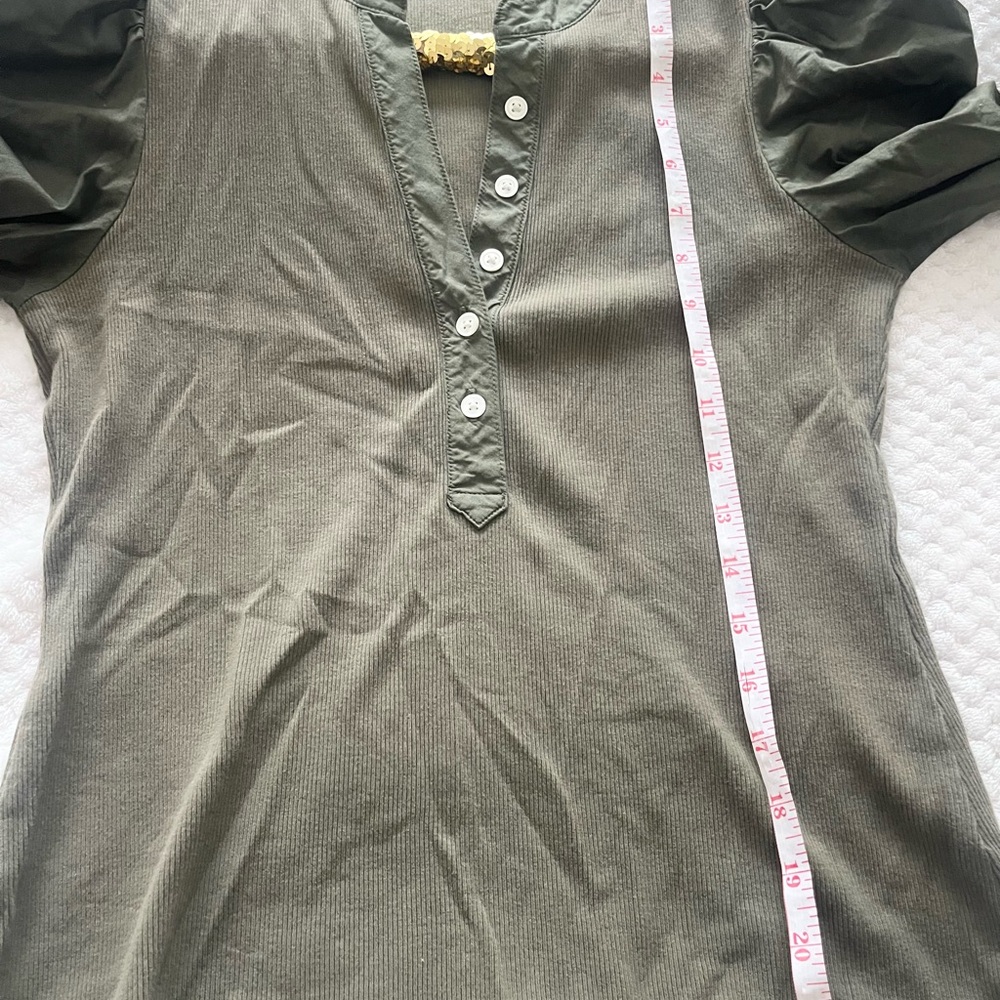 Veronica Beard Effy Woven Puff Sleeve Rib Top Olive Green - Picture 8 of 10